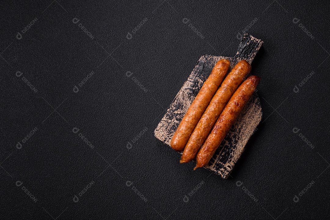 Linguiça frita saborosa em uma mesa de concreto