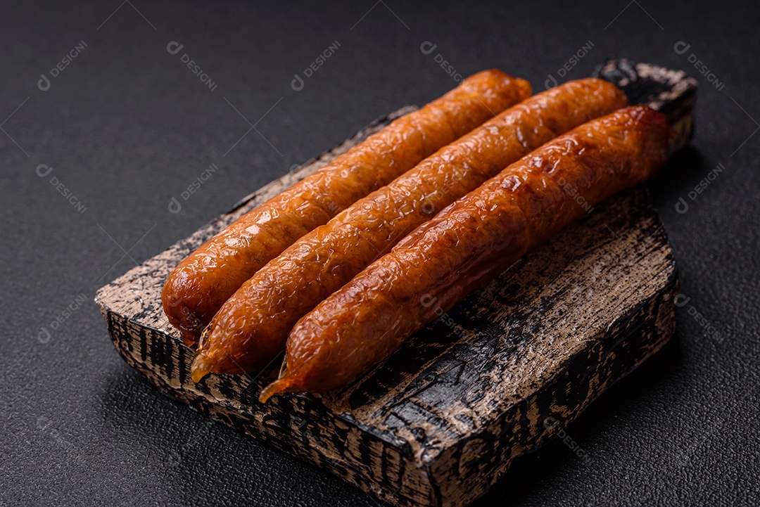 Linguiça frita saborosa em uma mesa de concreto