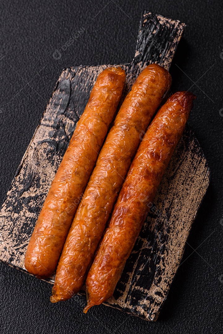 Linguiça frita saborosa em uma mesa de concreto