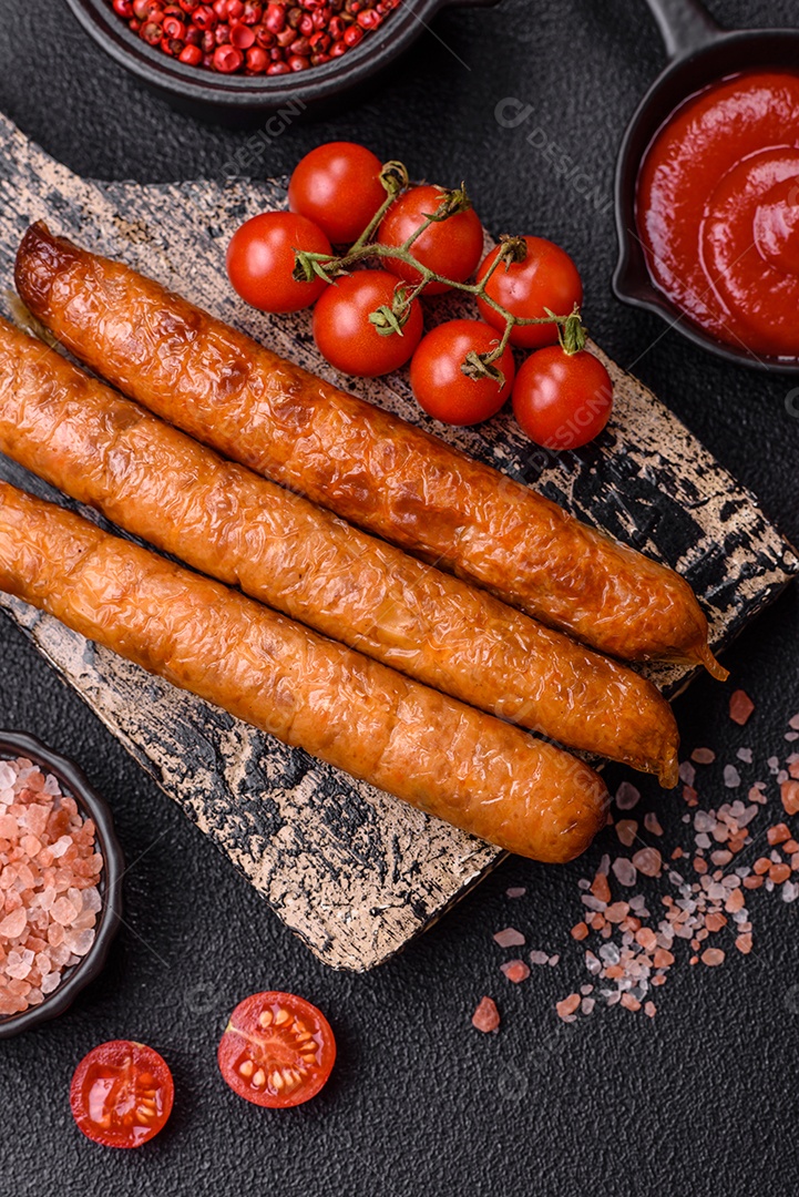 Linguiça frita saborosa em uma mesa de concreto