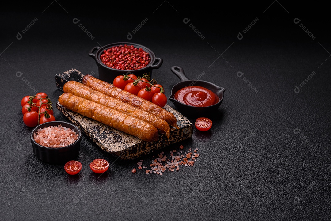 Linguiça frita saborosa em uma mesa de concreto