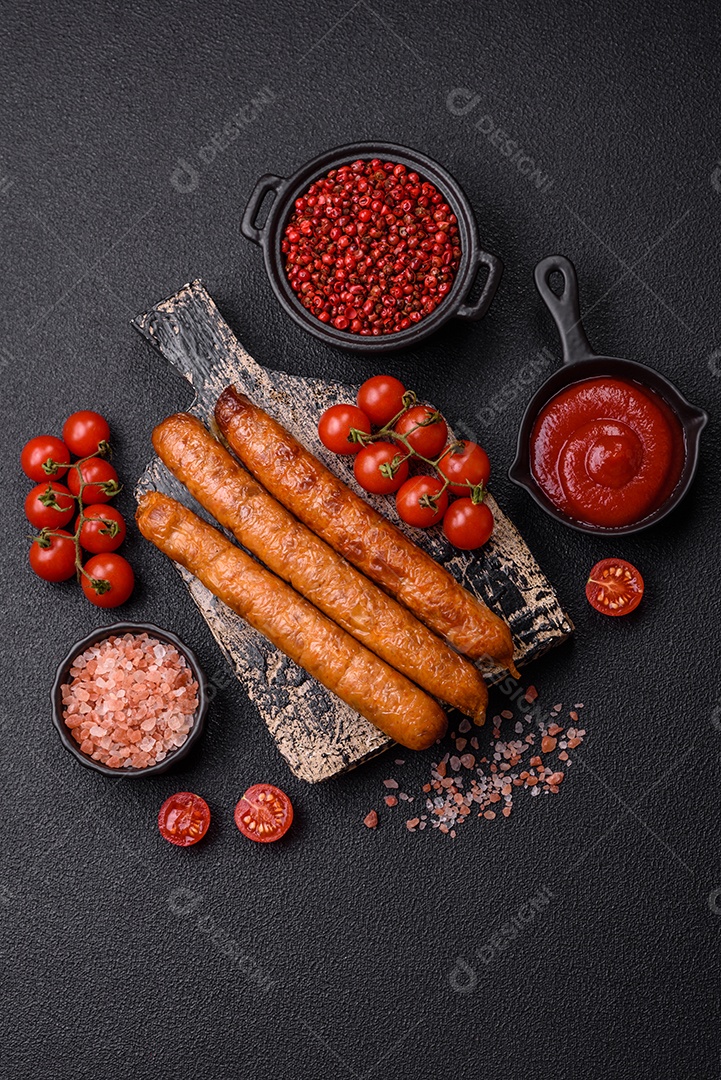 Linguiça frita saborosa em uma mesa de concreto