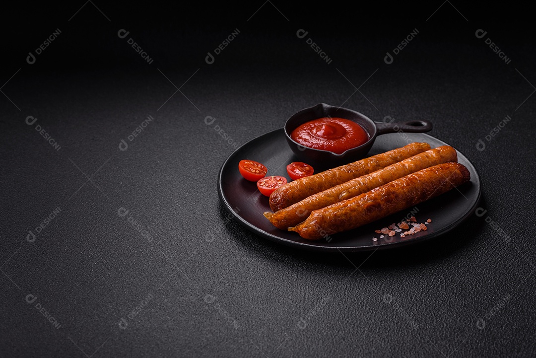 Linguiça frita saborosa em uma mesa de concreto