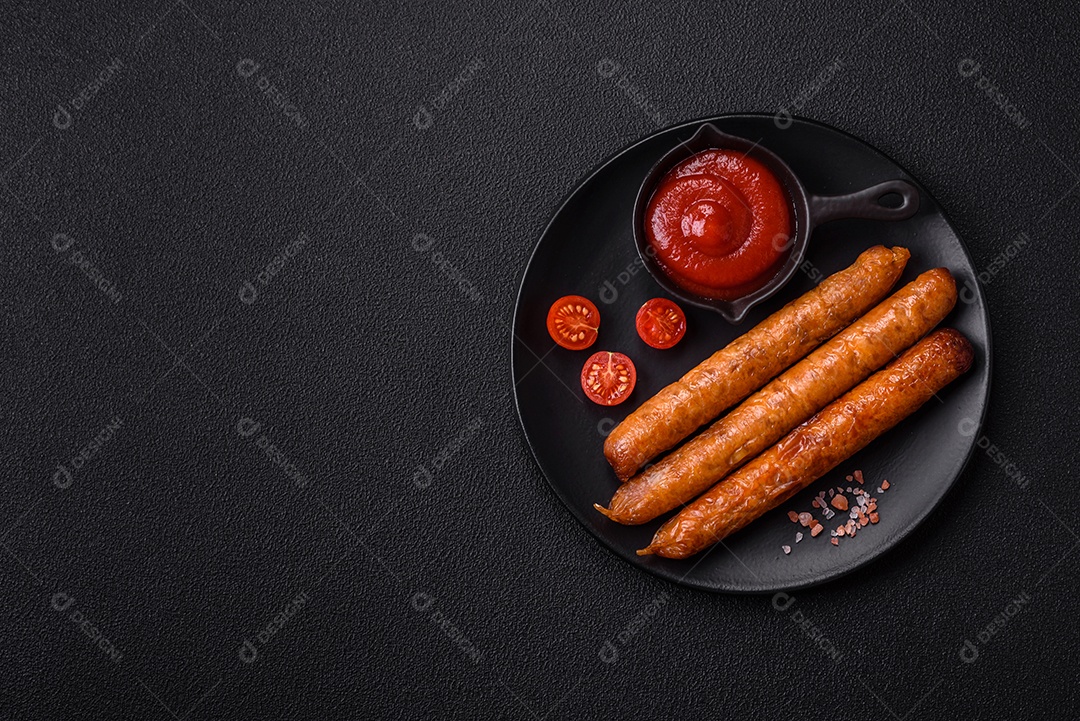 Linguiça frita saborosa em uma mesa de concreto