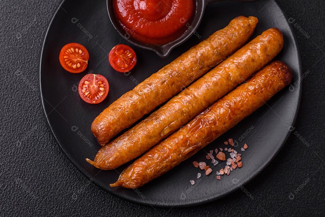 Prato de linguiça frita em uma mesa de concreto