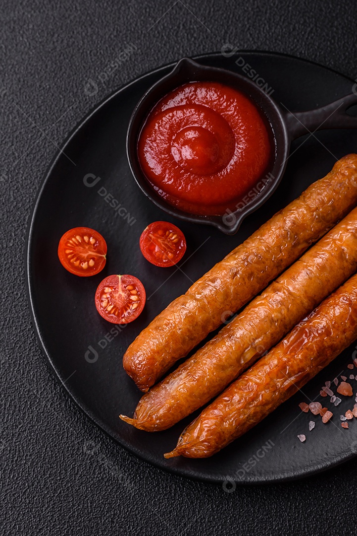 Prato de linguiça frita em uma mesa de concreto