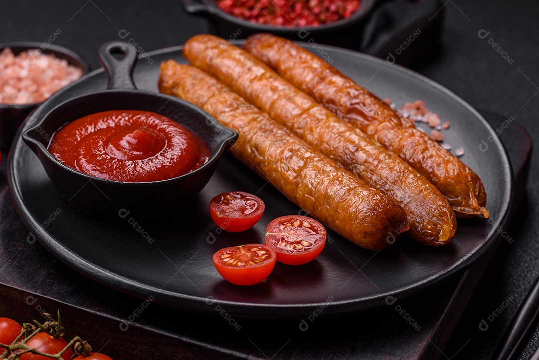 Prato de linguiça frita em uma mesa de concreto