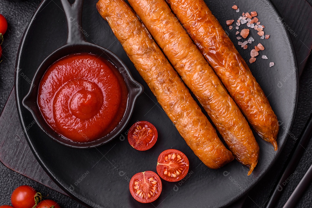 Prato de linguiça frita em uma mesa de concreto