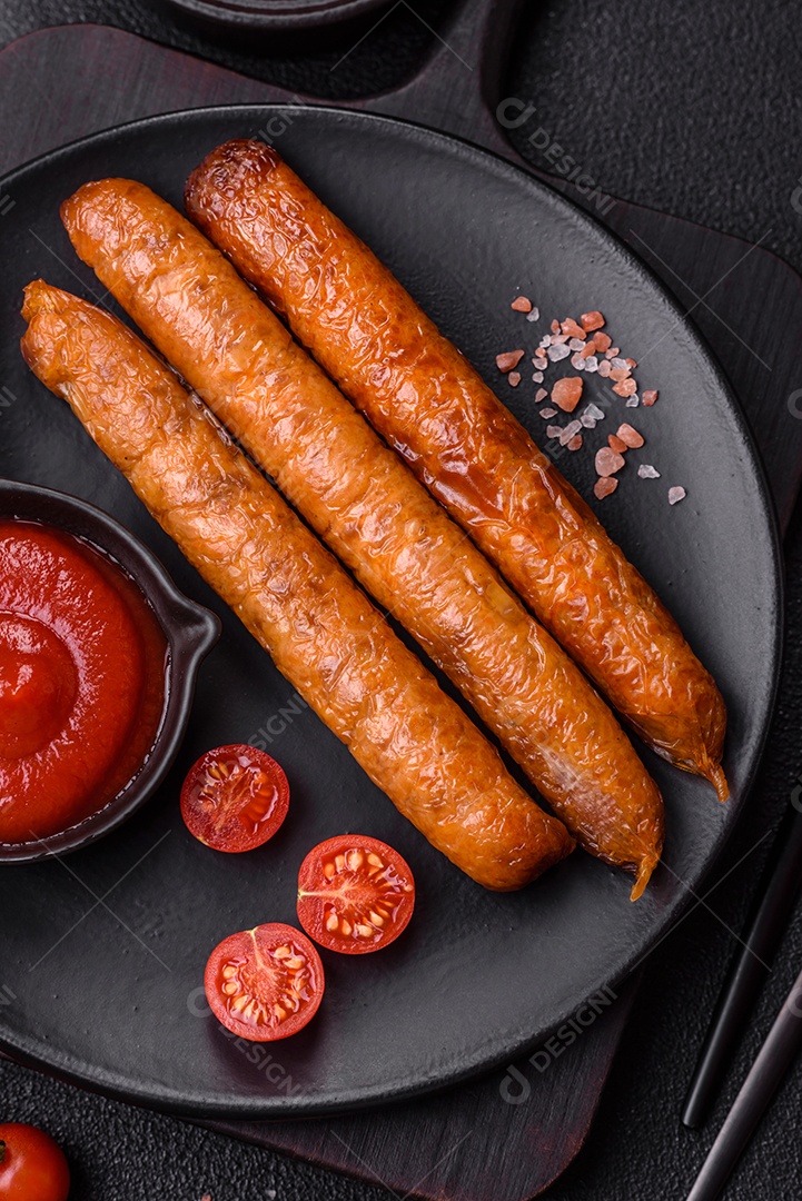 Prato de linguiça frita em uma mesa de concreto