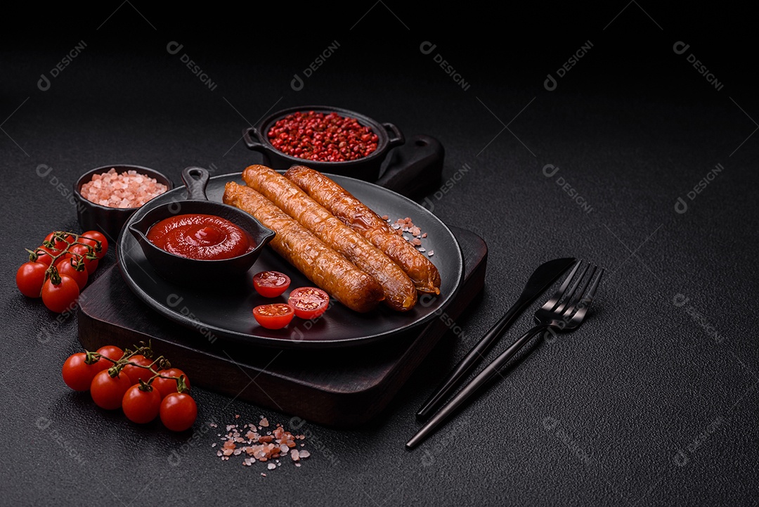 Prato de linguiça frita em uma mesa de concreto