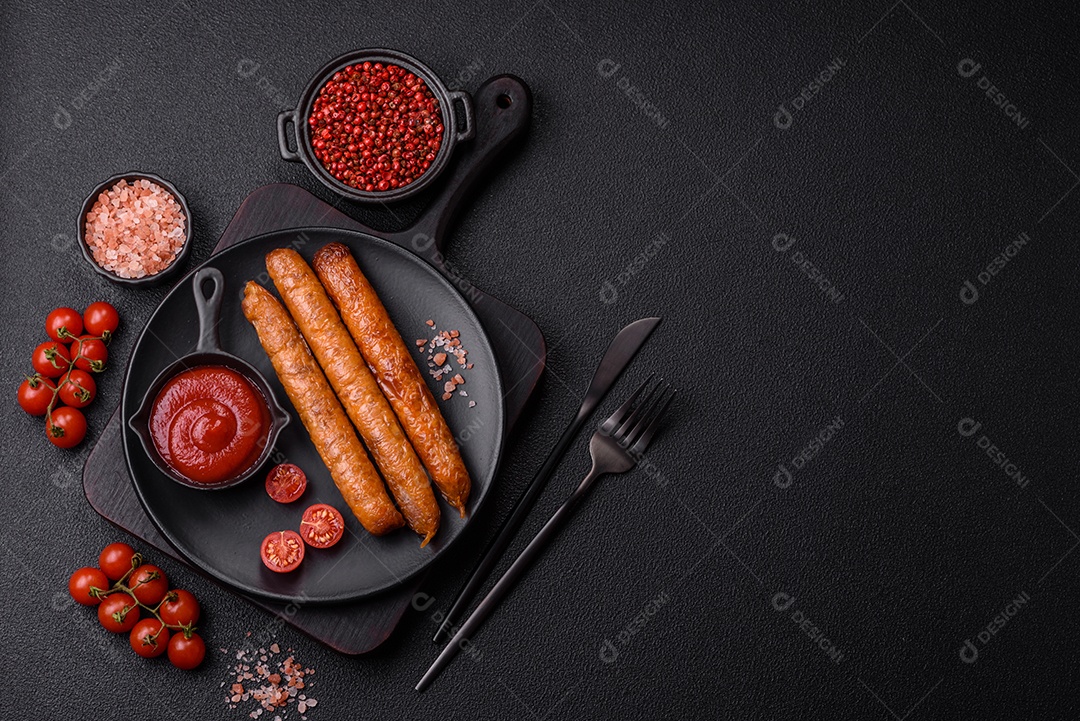 Prato de linguiça frita em uma mesa de concreto