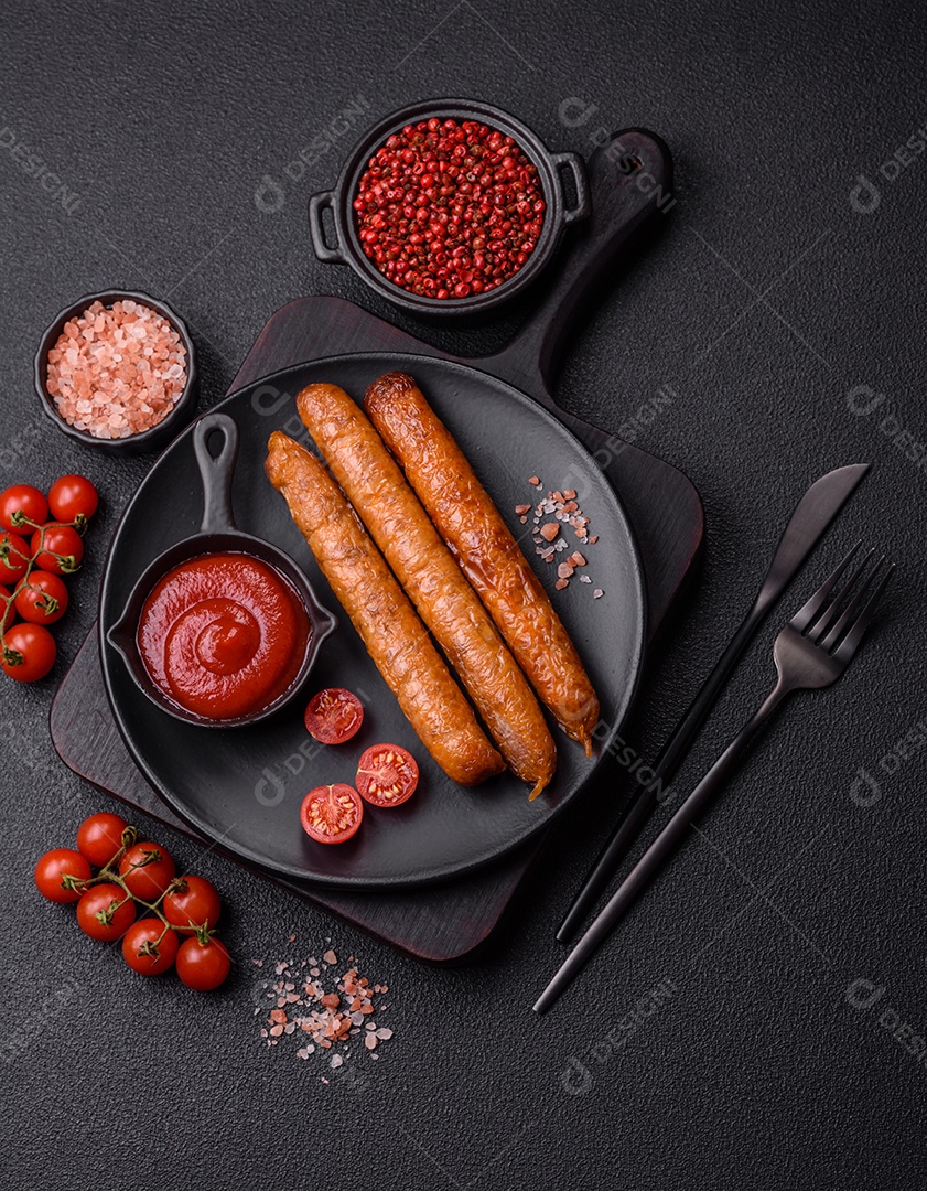Prato de linguiça frita em uma mesa de concreto