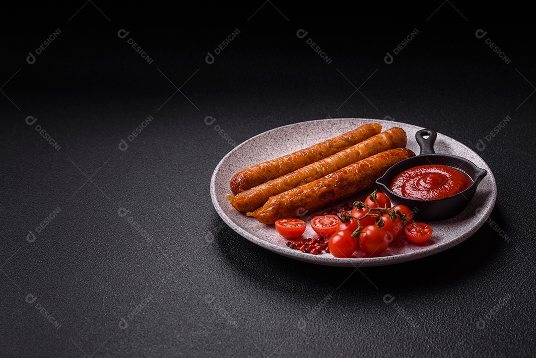 Prato de linguiça frita em uma mesa de concreto