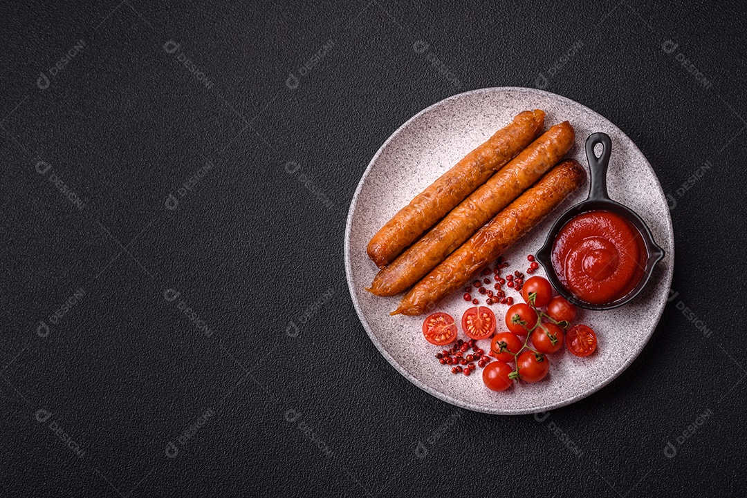 Prato de linguiça frita em uma mesa de concreto