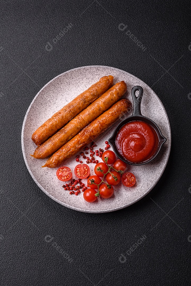 Prato de linguiça frita em uma mesa de concreto