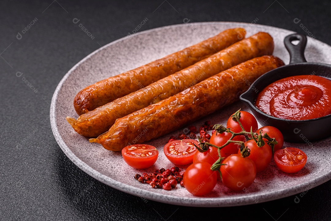 Prato de linguiça frita em uma mesa de concreto