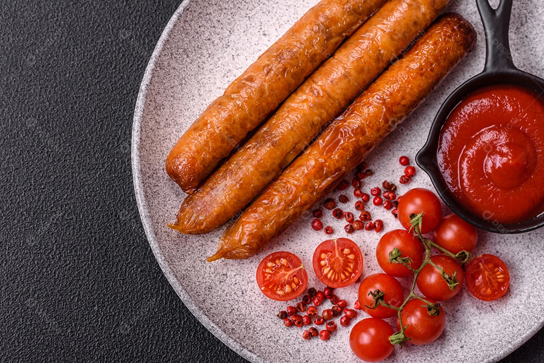 Prato de linguiça frita em uma mesa de concreto