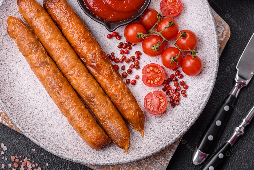 Prato de linguiça frita em uma mesa de concreto