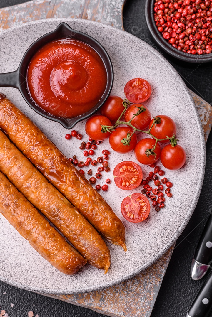 Prato de linguiça frita em uma mesa de concreto
