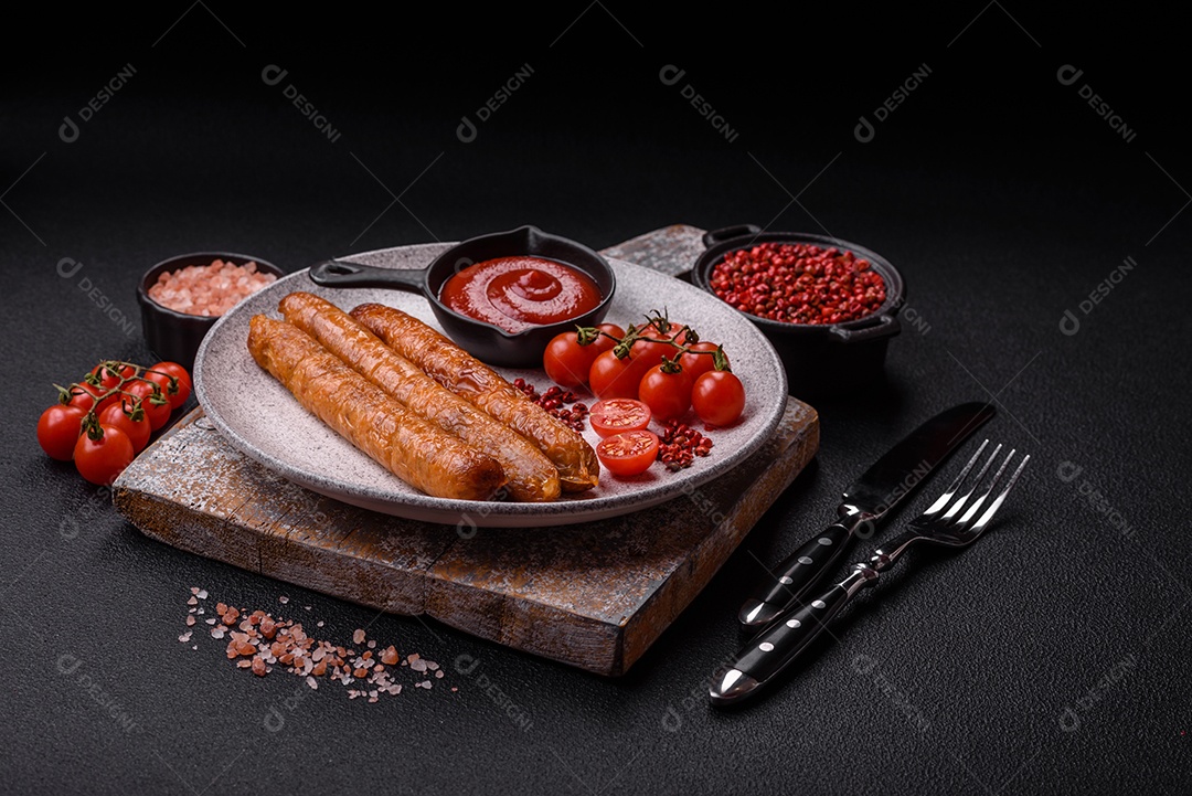 Prato de linguiça frita em uma mesa de concreto