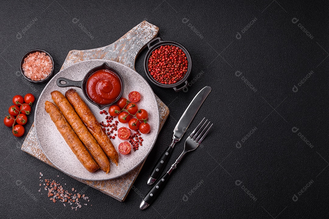 Prato de comida linguiça e ovo frito feijão mesa concreto