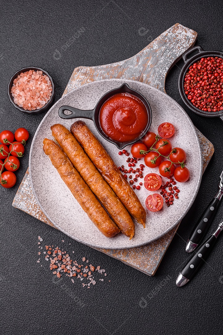Prato de comida linguiça e ovo frito feijão mesa concreto