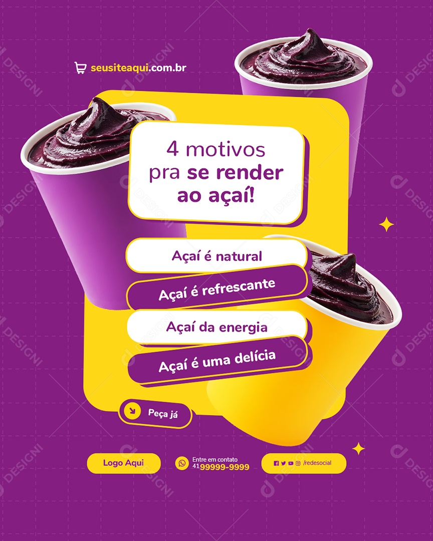 Açaiteria Quatro Motivos Pra Se Render ao Açaí Social Media PSD Editável