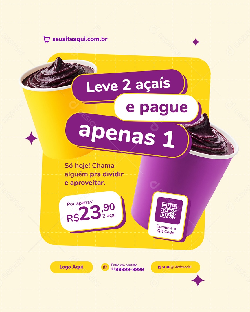 Açaiteria Leve Dois Açaís e Pague Apenas Um Social Media PSD Editável