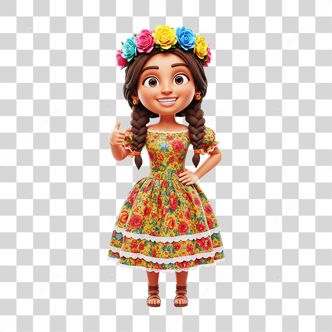 Personagem Menina com Vestido Colorido de Flores PNG Transparente