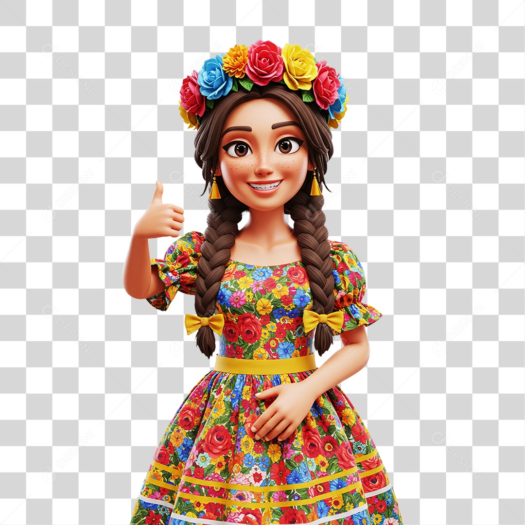 Personagem Menina com Vestido Colorido de Flores PNG Transparente