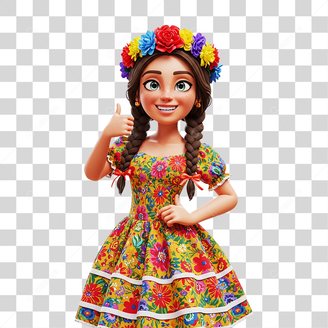 Personagem Menina com Vestido Colorido de Flores PNG Transparente