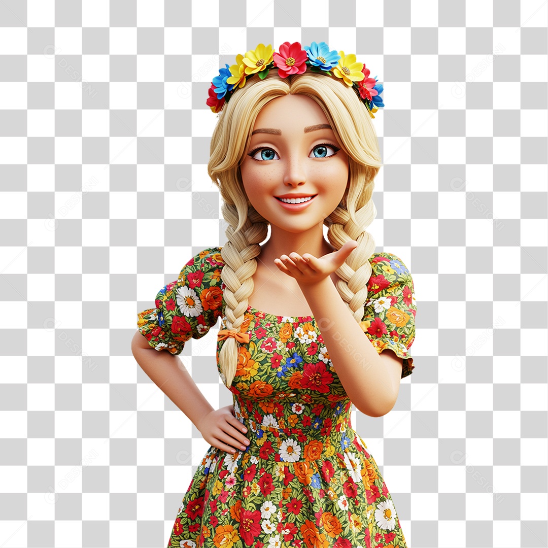 Personagem Menina com Vestido Colorido de Flores PNG Transparente