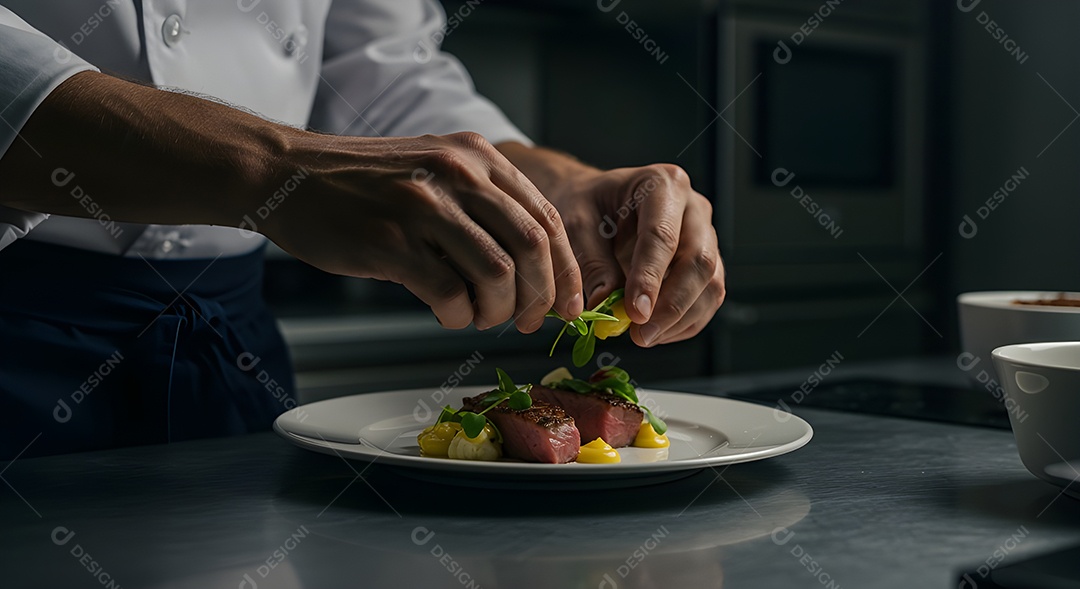 Chefe de cozinnha preparando alimento em um restaurante