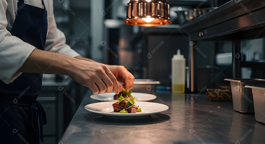 Chefe de cozinnha preparando alimento em um restaurante