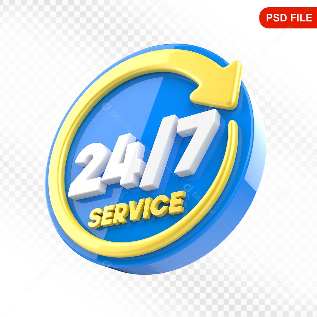 Elemento 3D Ícone Serviço 24 Horas 7 Dias Azul e Amarelo Para Composição PSD