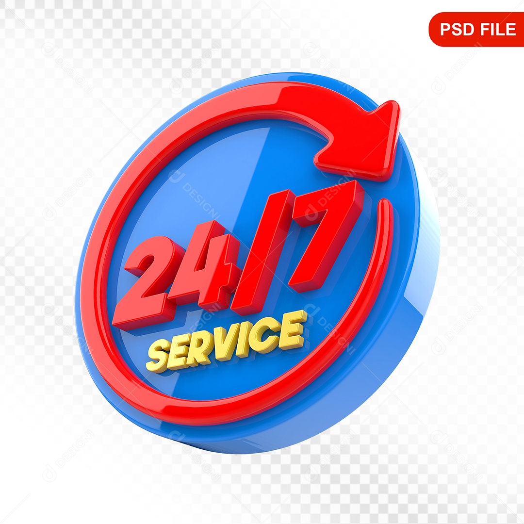 Elemento 3D Ícone Serviço 24 Horas 7 Dias Azul e Vermelho Para Composição PSD