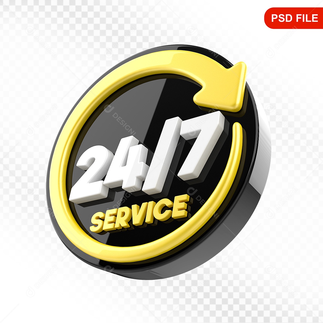 Elemento 3D Ícone Serviço 24 Horas 7 Dias Preto e Amarelo Para Composição PSD