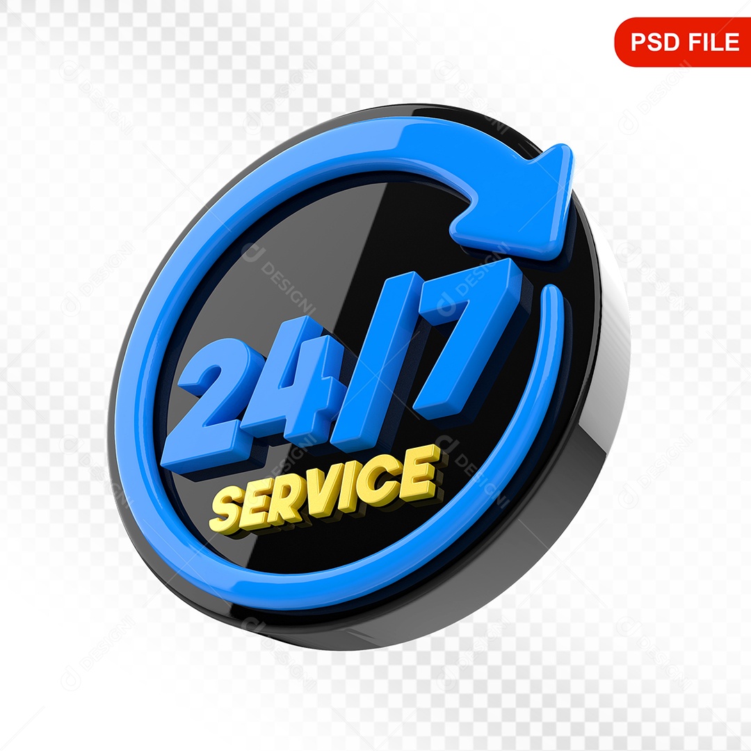 Elemento 3D Ícone Serviço 24 Horas 7 Dias Preto e Azul Para Composição PSD