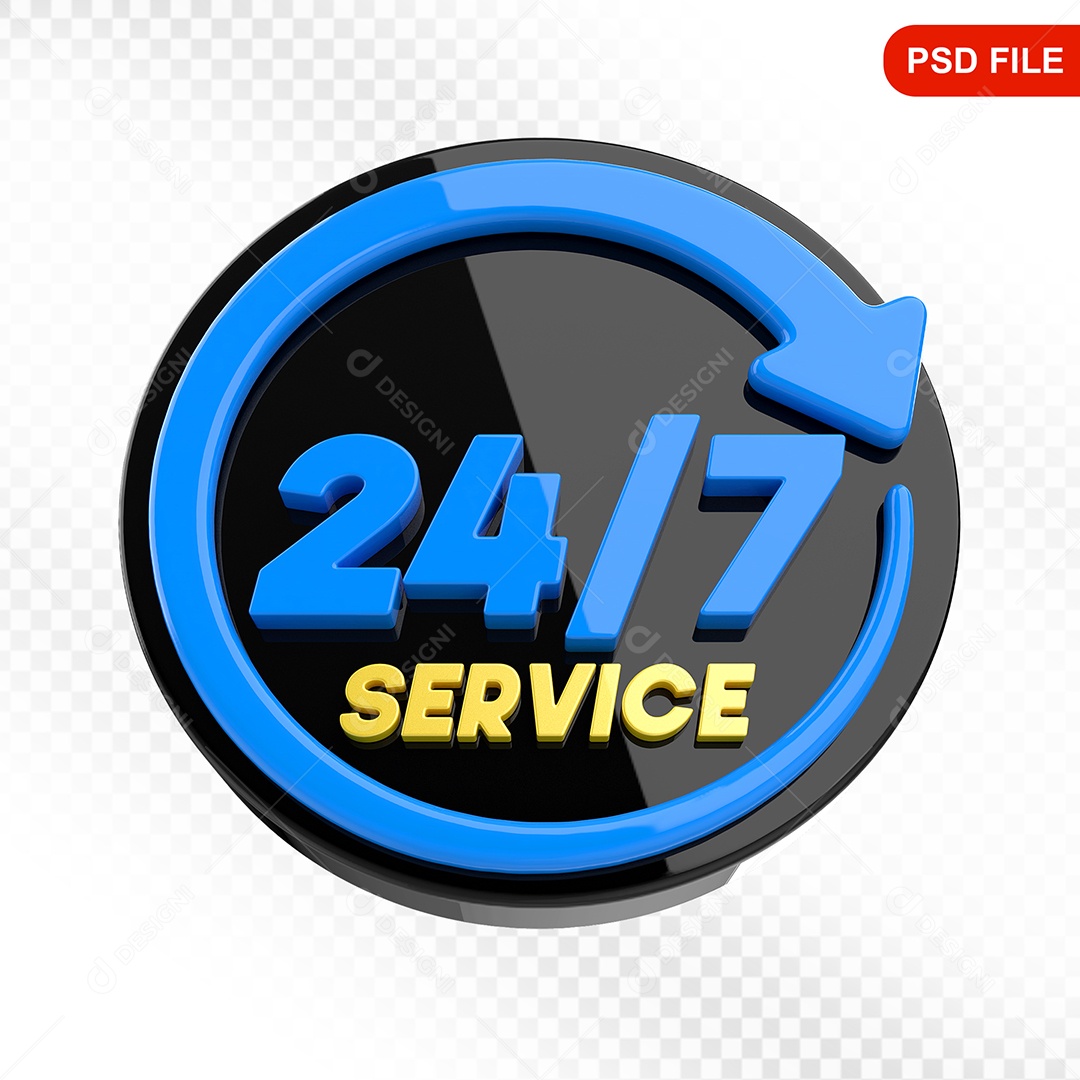 Elemento 3D Ícone Serviço 24 Horas 7 Dias Preto e Azul Para Composição PSD
