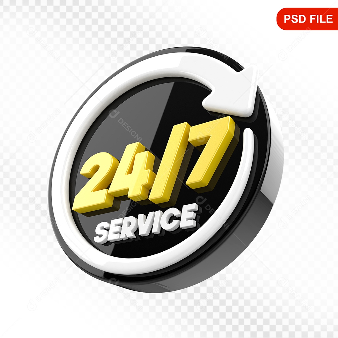 Elemento 3D Ícone Serviço 24 Horas 7 Dias Preto e Branco Para Composição PSD