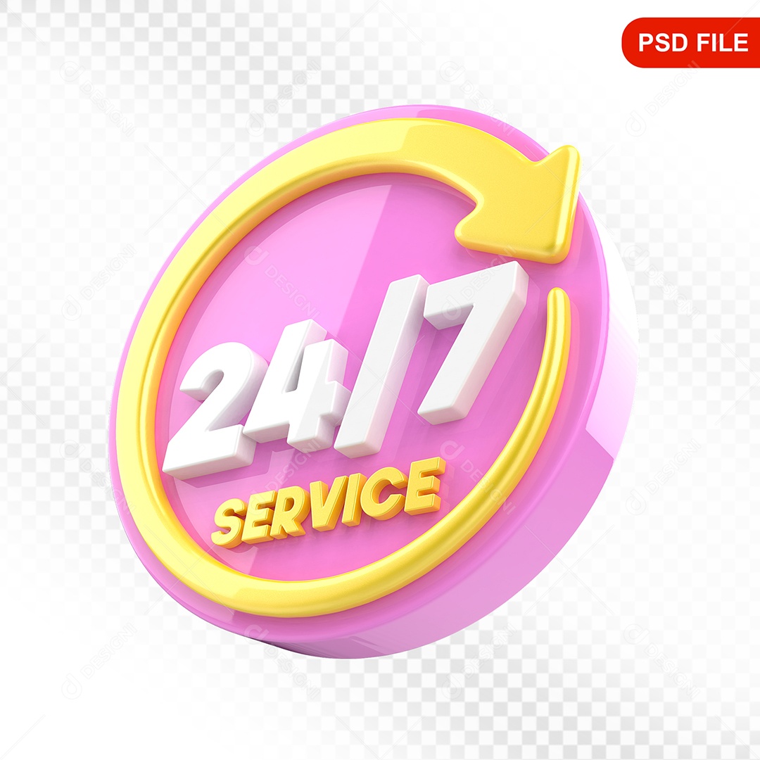 Elemento 3D Ícone Serviço 24 Horas 7 Dias Rosa e Amarelo Para Composição PSD