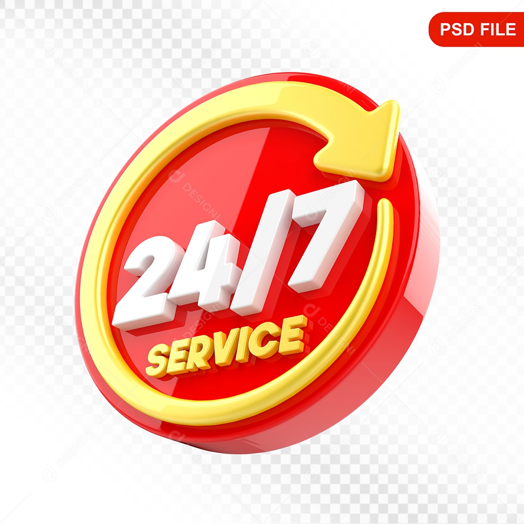 Elemento 3D Ícone Serviço 24 Horas 7 Dias Vermelho e Amarelo Para Composição PSD