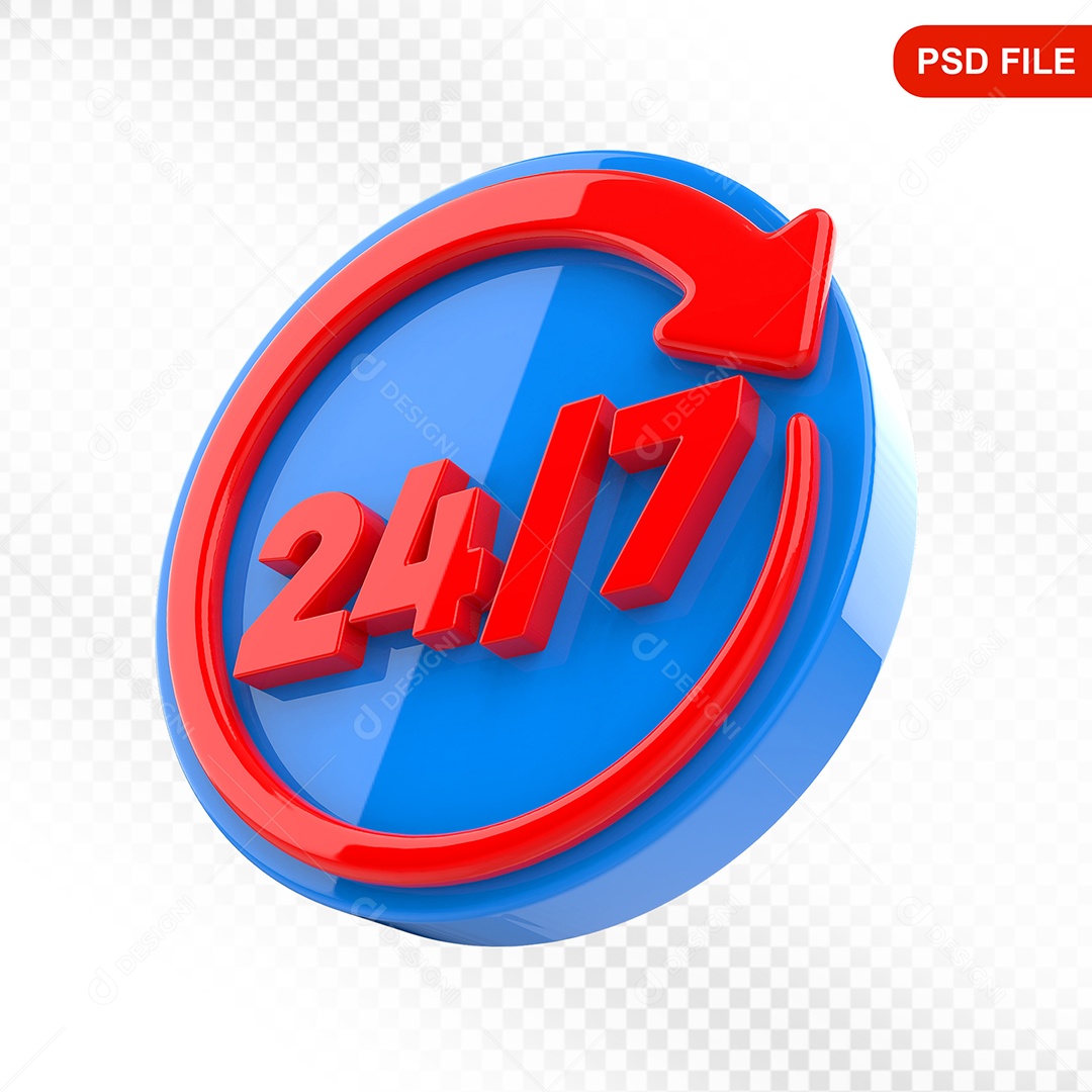 Elemento 3D Ícone 24 Horas 7 Dias Azul e Vermelho Para Composição PSD