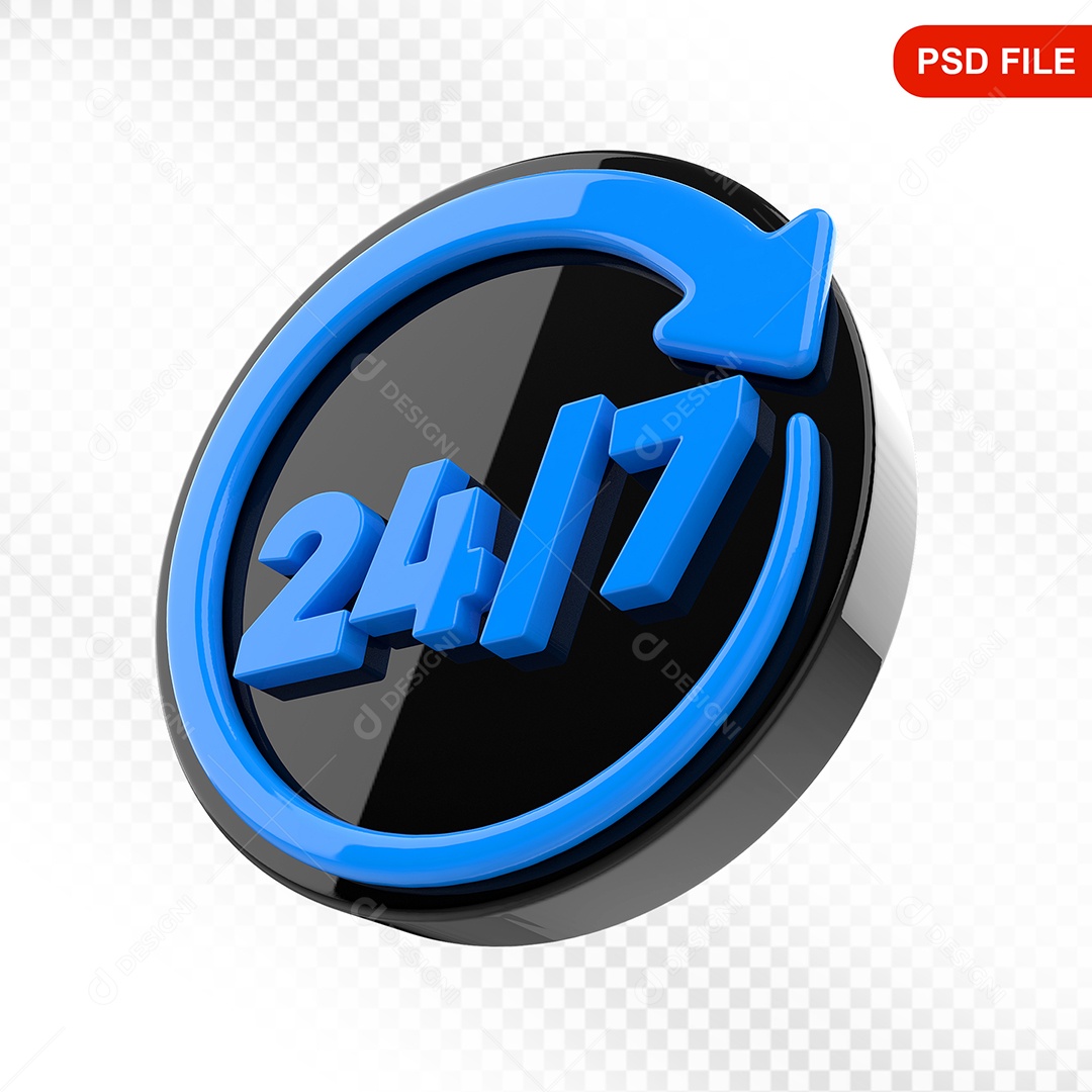 Elemento 3D Ícone 24 Horas 7 Dias Preto e Azul Para Composição PSD