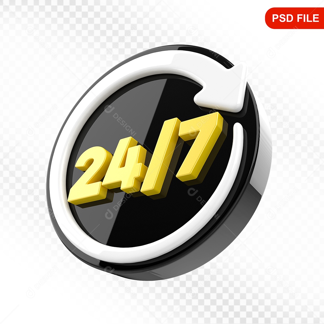 Elemento 3D Ícone 24 Horas 7 Dias Preto e Branco Para Composição PSD