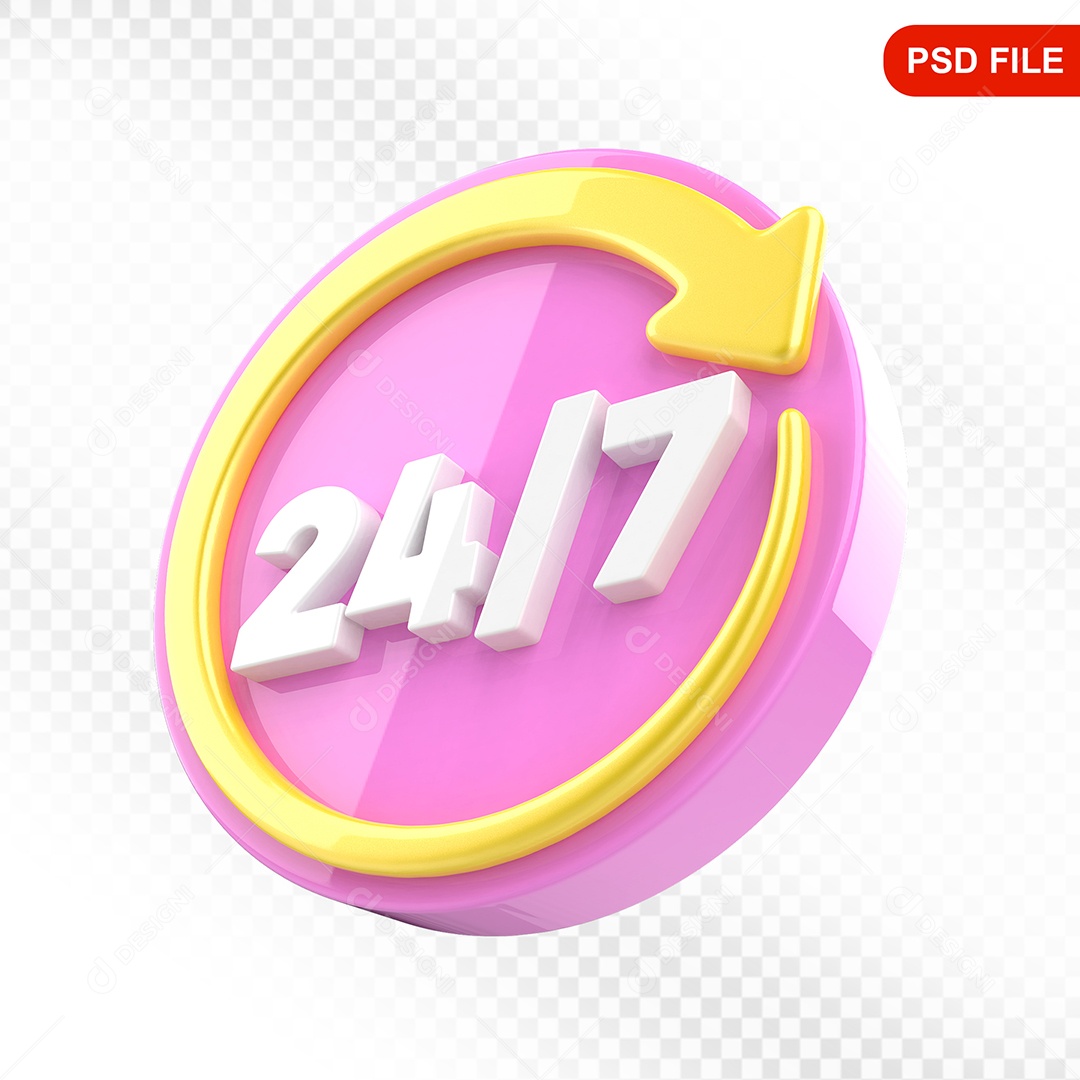 Elemento 3D Ícone 24 Horas 7 Dias Rosa e Amarelo Para Composição PSD