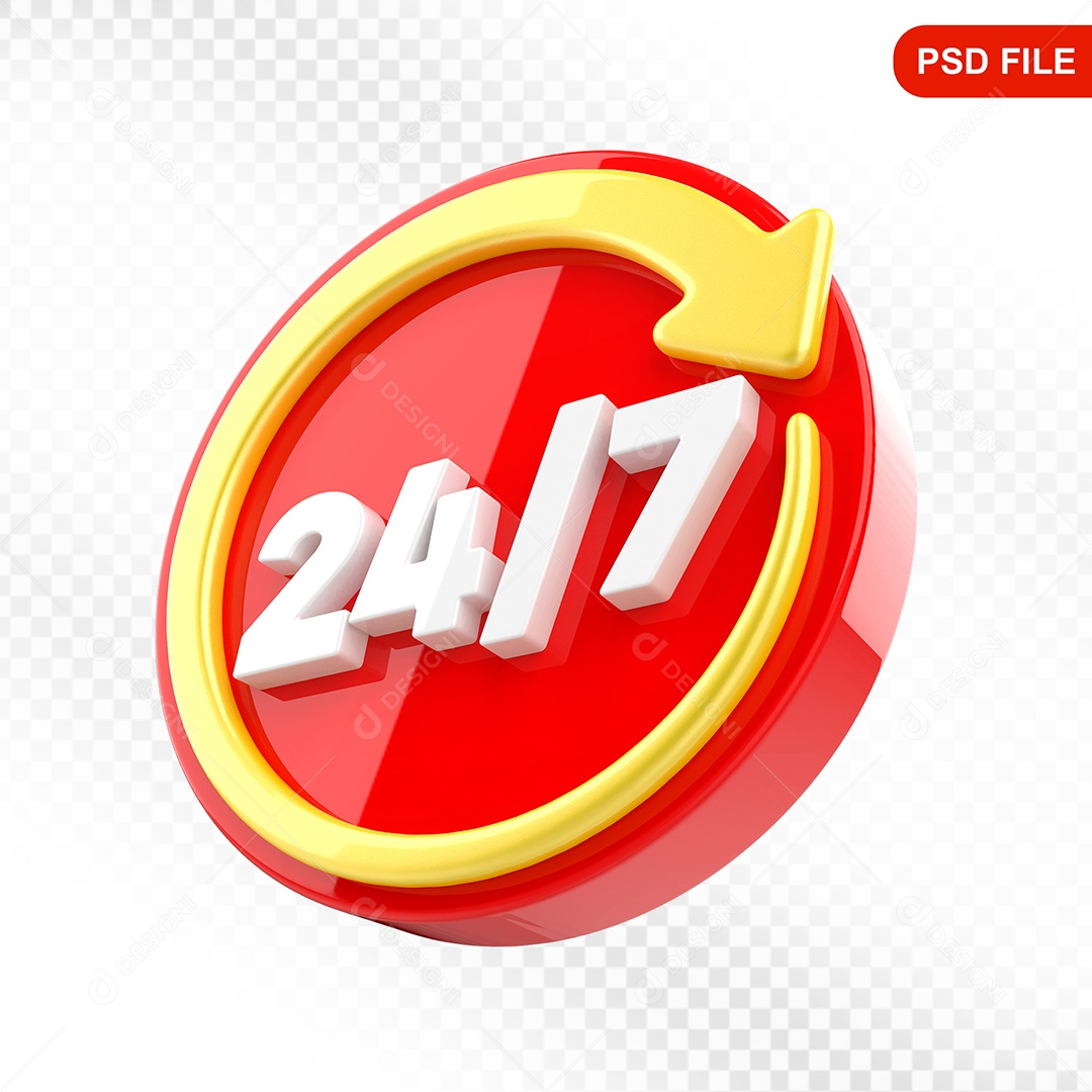 Elemento 3D Ícone 24 Horas 7 Dias Vermelho e Amarelo Para Composição PSD