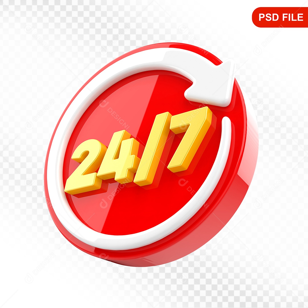 Elemento 3D Ícone 24 Horas 7 Dias Vermelho e Branco Para Composição PSD