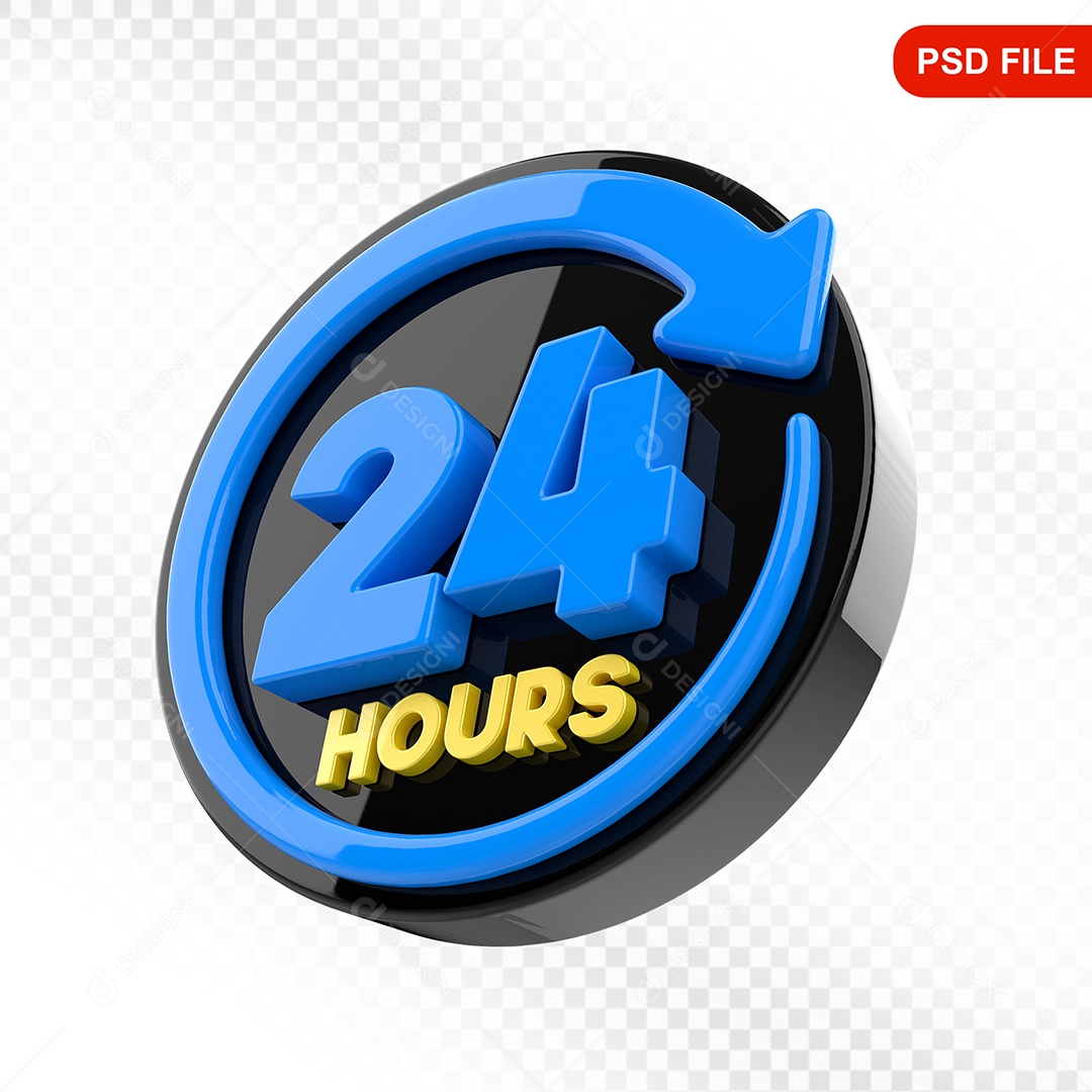 Elemento 3D Ícone 24 Hora Preto e Azul Para Composição PSD