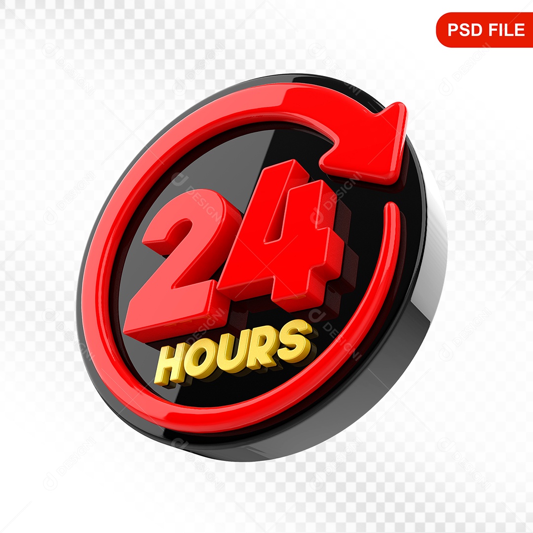 Elemento 3D Ícone 24 Hora Preto e Vermelho Para Composição PSD